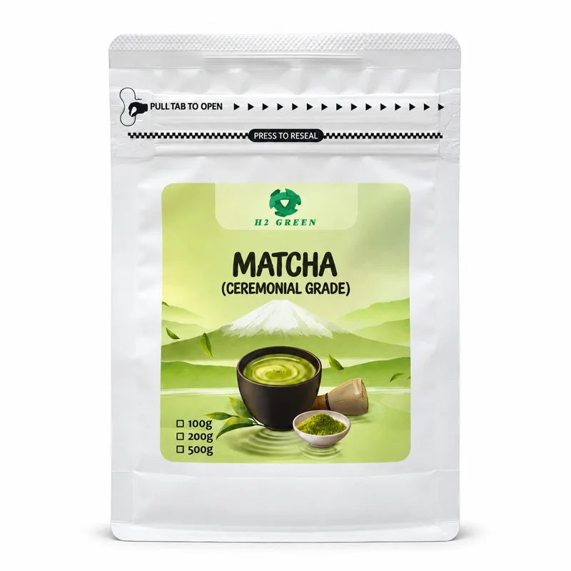 H2 Green Ceremonial Grade matcha packaging presentation supplied for reference
