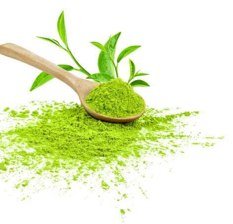 Matcha powder on a spoon showing its fine texture