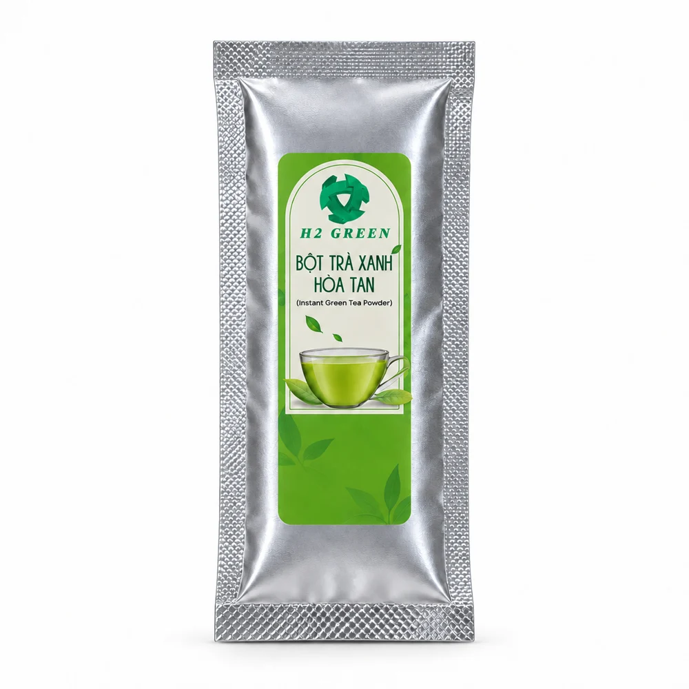 H2 Green instant green tea powder in a silver pouch, sample packaging illustration